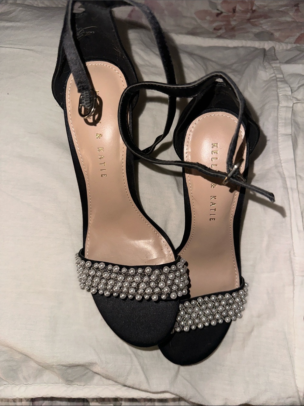 Kelly & Katie Black Pearl-Embellished Ankle-Strap Heels